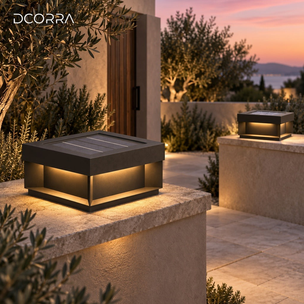 Square Solar Light with Recessed Glow - terrace at dusk