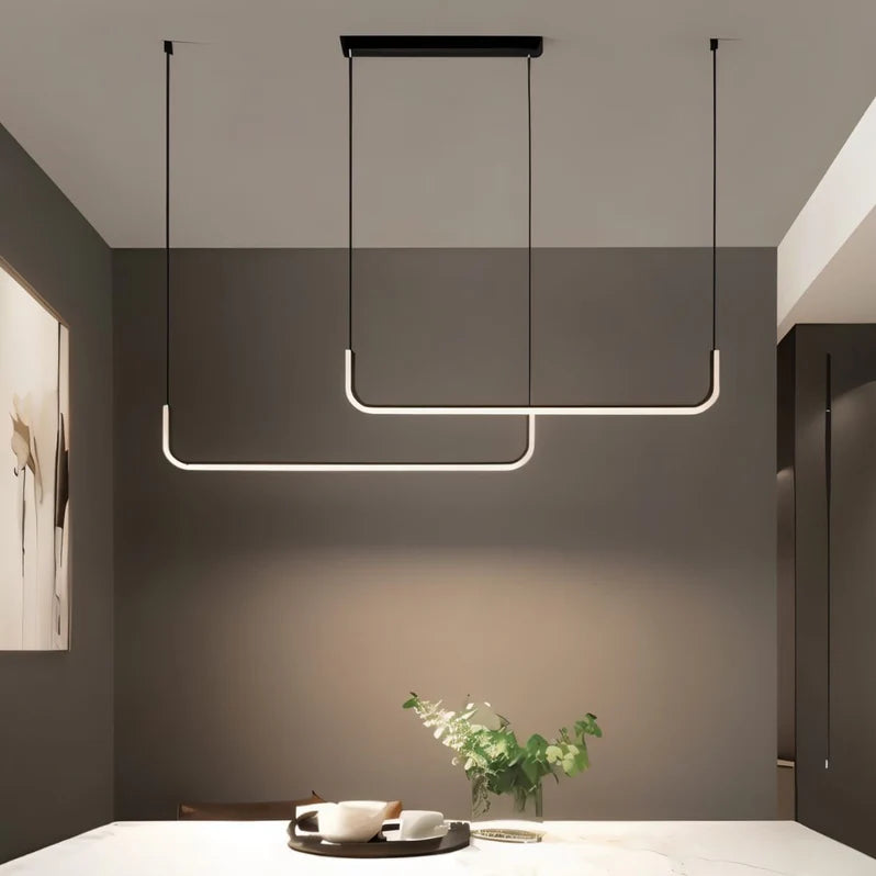 Deleazo Luxe Beam chandelier over a kitchen island