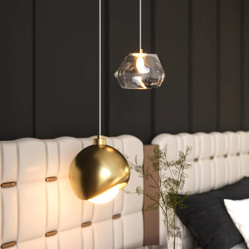 Modern Crystal Pendant in golden horizon in a bedroom
