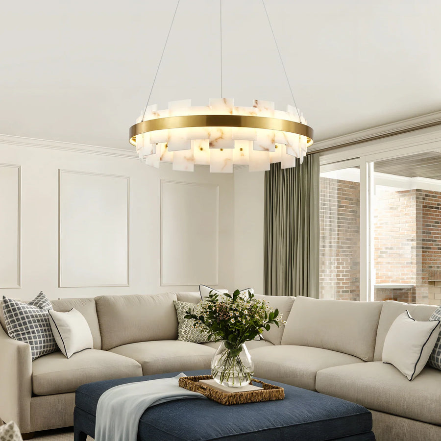 Faux Marble Panel Gold Ring LED Chandelier in a living room