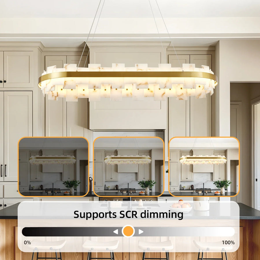 Faux Marble Panel Oval LED Chandelier over a kitchen island