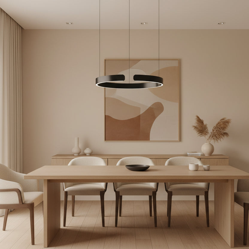 Floating LED Ring Chandelier above a dining table