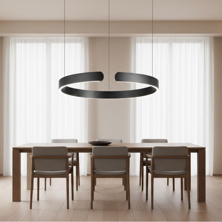 Floating LED Ring Chandelier above a dining table