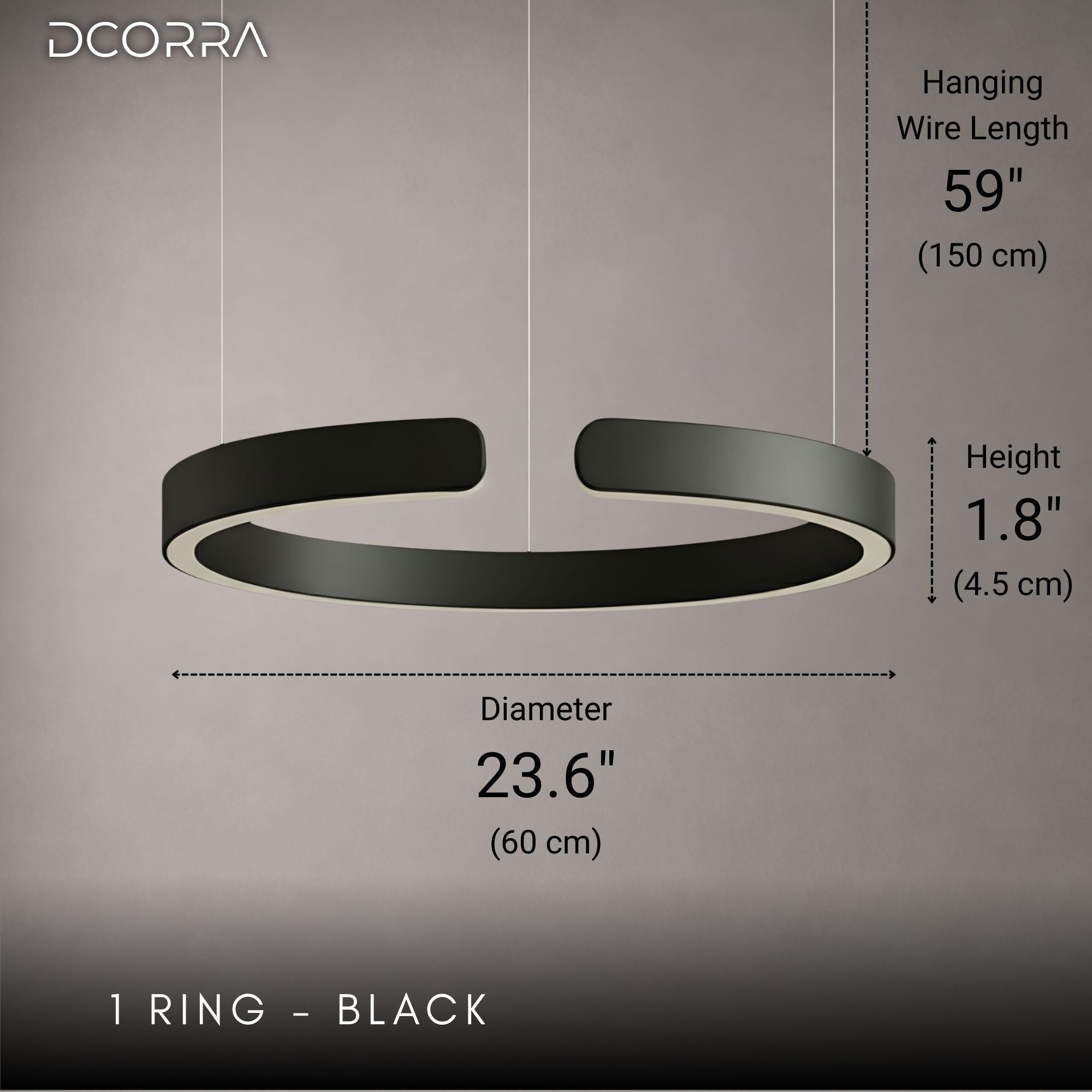 Floating LED Ring Chandelier - 1 to 3 Rings - 1 Ring: D23.6"(60cm) / 36W / Black