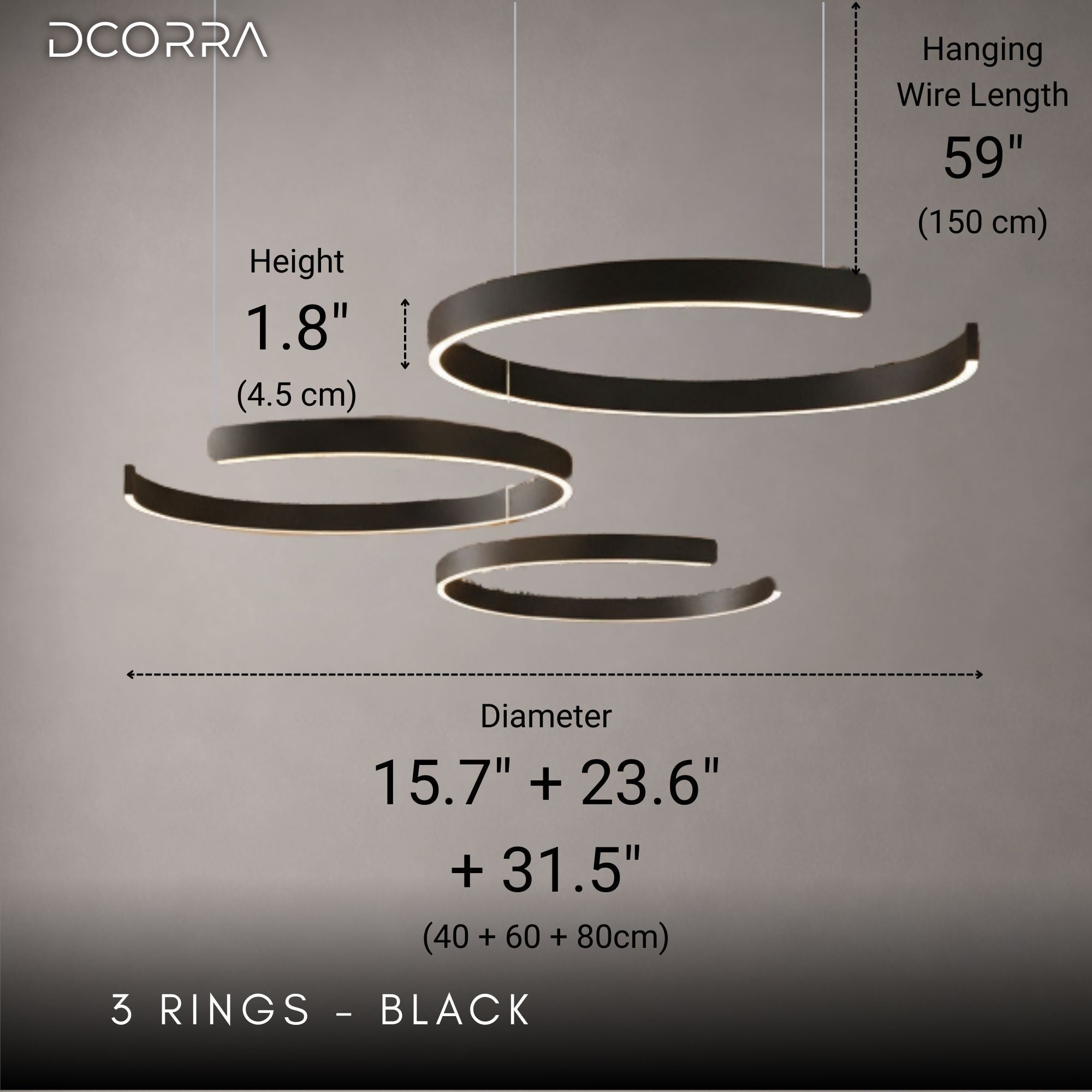 Floating LED Ring Chandelier - 1 to 3 Rings - 3 Rings: D15.7"(40cm) + D23.6"(60cm) + D31.5"(80cm) / 108W / Black