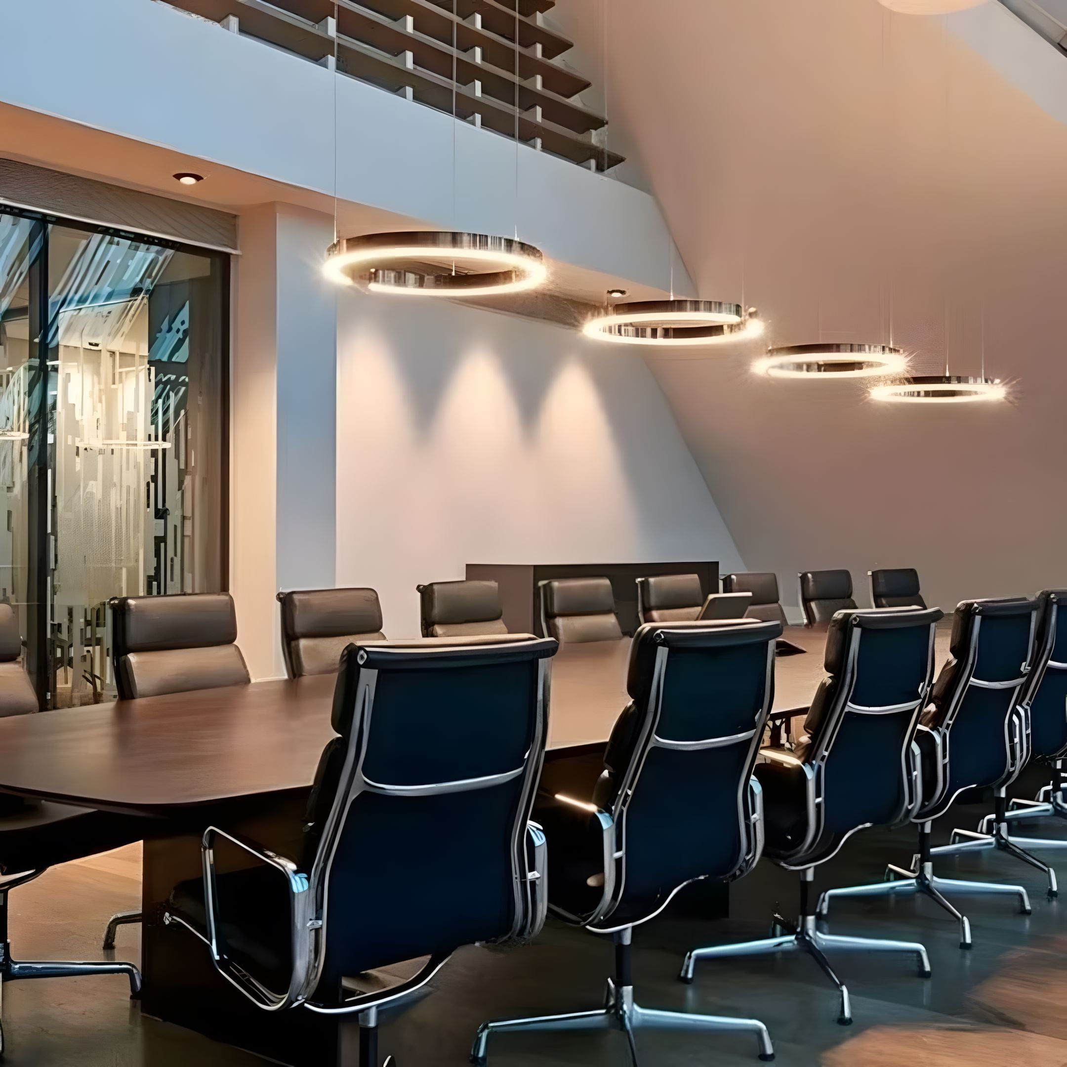 Floating LED Ring Chandelier above a dining table