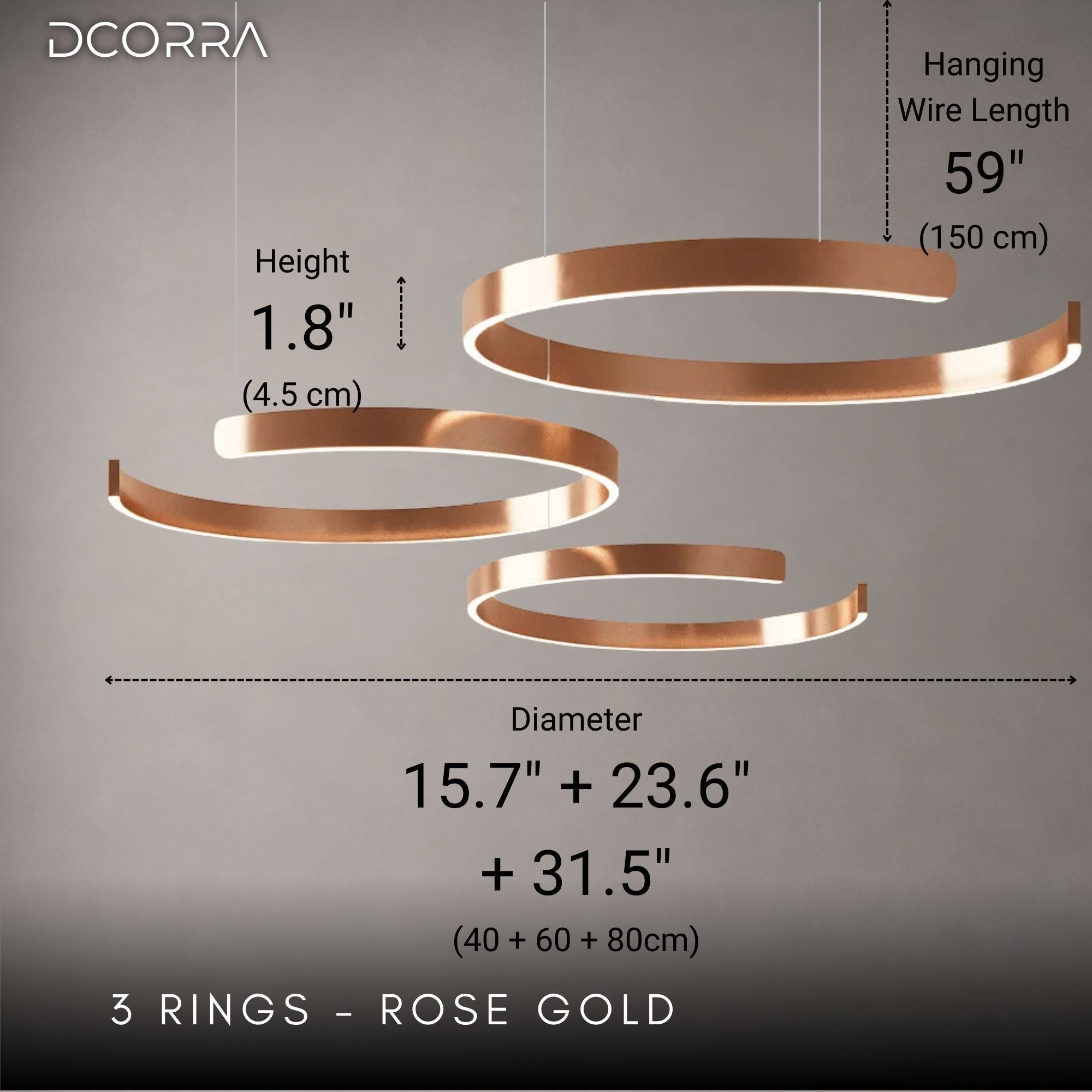 Floating LED Ring Chandelier - 1 to 3 Rings - 3 Rings: D15.7"(40cm) + D23.6"(60cm) + D31.5"(80cm) / 108W / Rose Gold