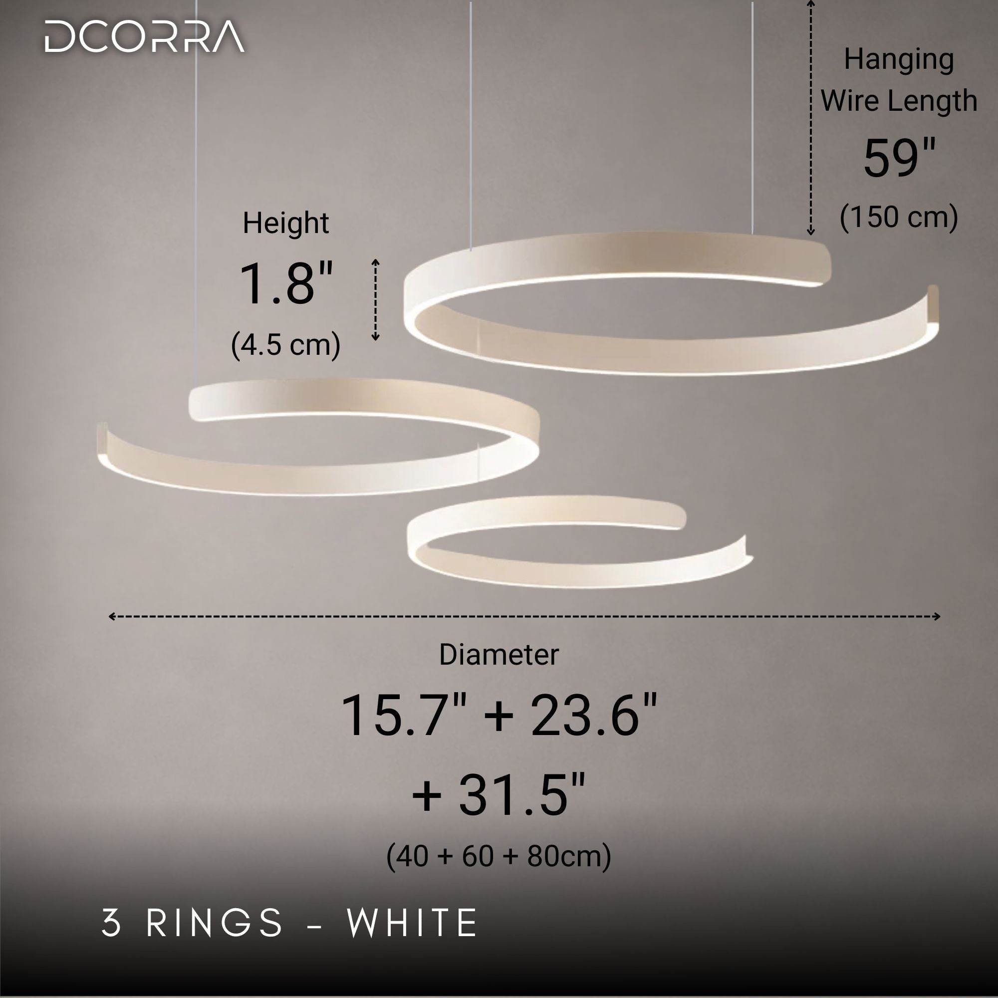 Floating LED Ring Chandelier - 1 to 3 Rings - 3 Rings: D15.7"(40cm) + D23.6"(60cm) + D31.5"(80cm) / 108W / White