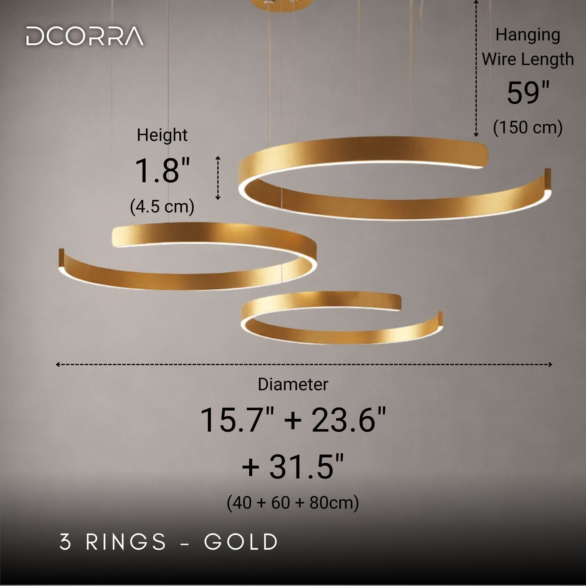 Floating LED Ring Chandelier - 1 to 3 Rings - 3 Rings: D15.7"(40cm) + D23.6"(60cm) + D31.5"(80cm) / 108W / Gold