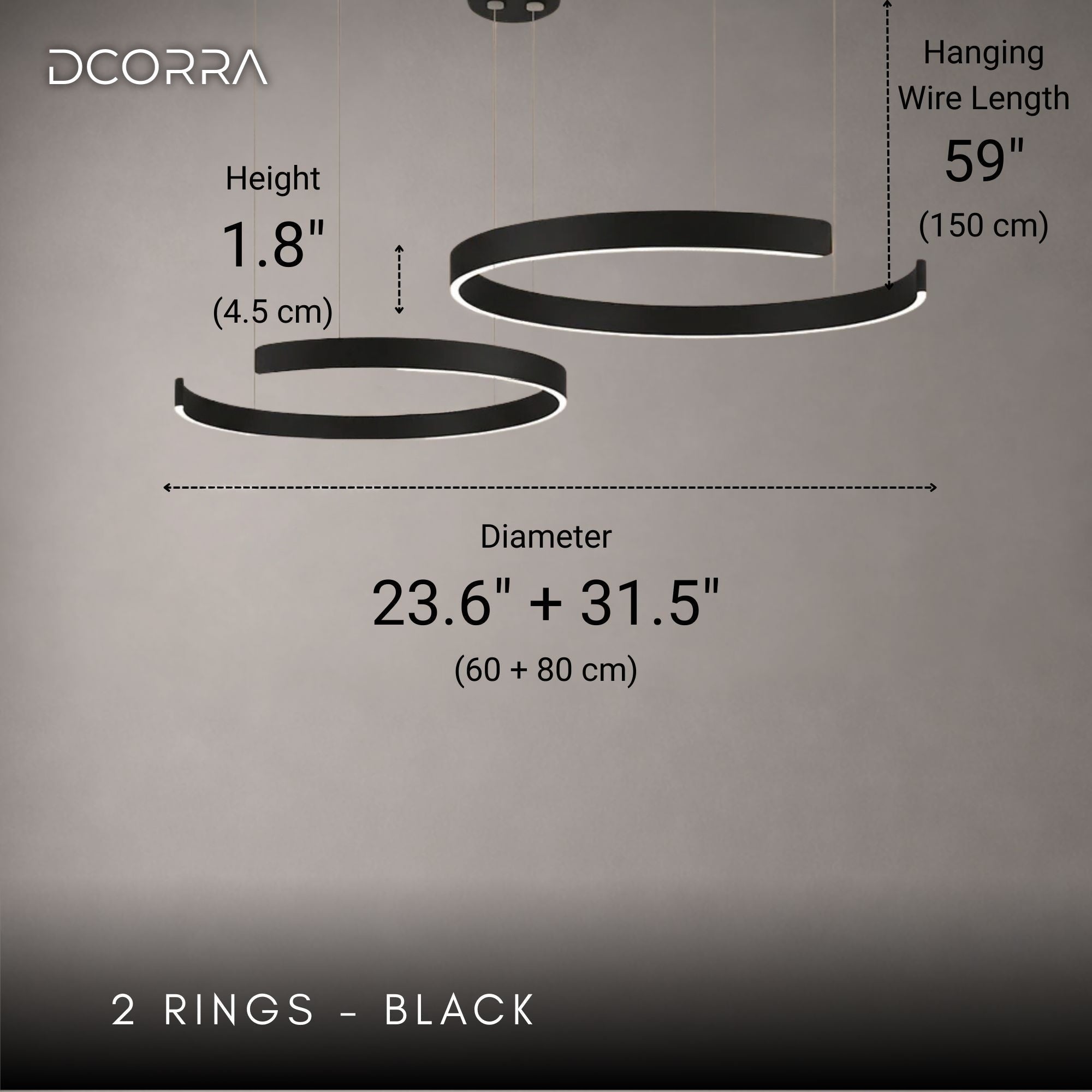 Floating LED Ring Chandelier - 1 to 3 Rings - 2 Rings: D23.6"(60cm) + D31.5"(80cm) / 84W / Black