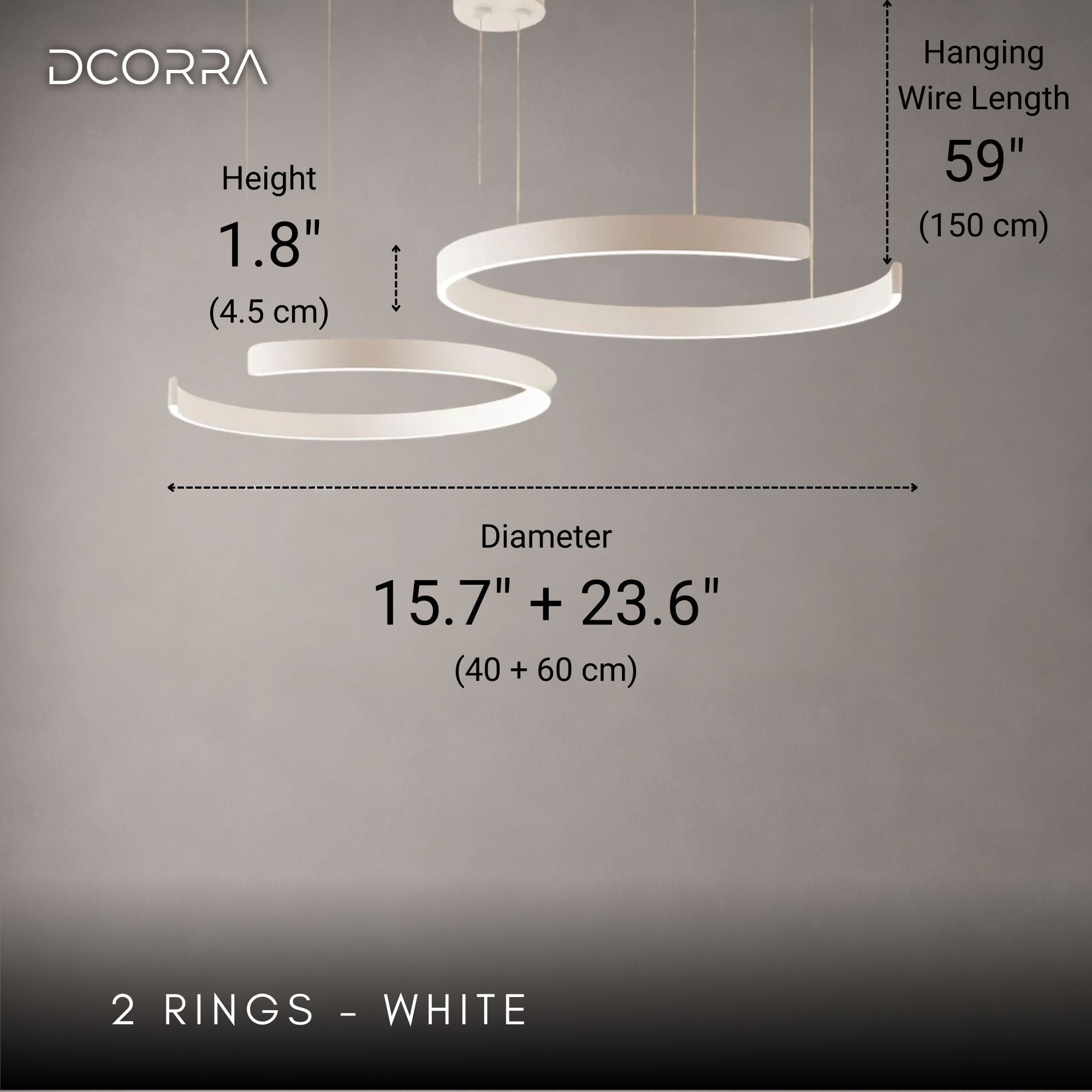 Floating LED Ring Chandelier - 1 to 3 Rings - 2 Rings: D15.7"(40cm) + D23.6"(60cm) / 60W / White
