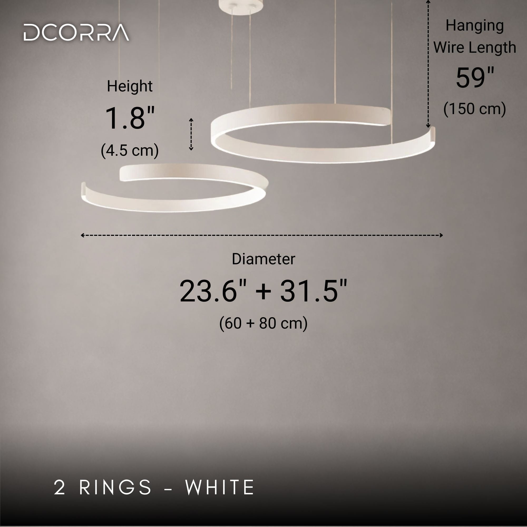 Floating LED Ring Chandelier - 1 to 3 Rings - 2 Rings: D23.6"(60cm) + D31.5"(80cm) / 84W / White