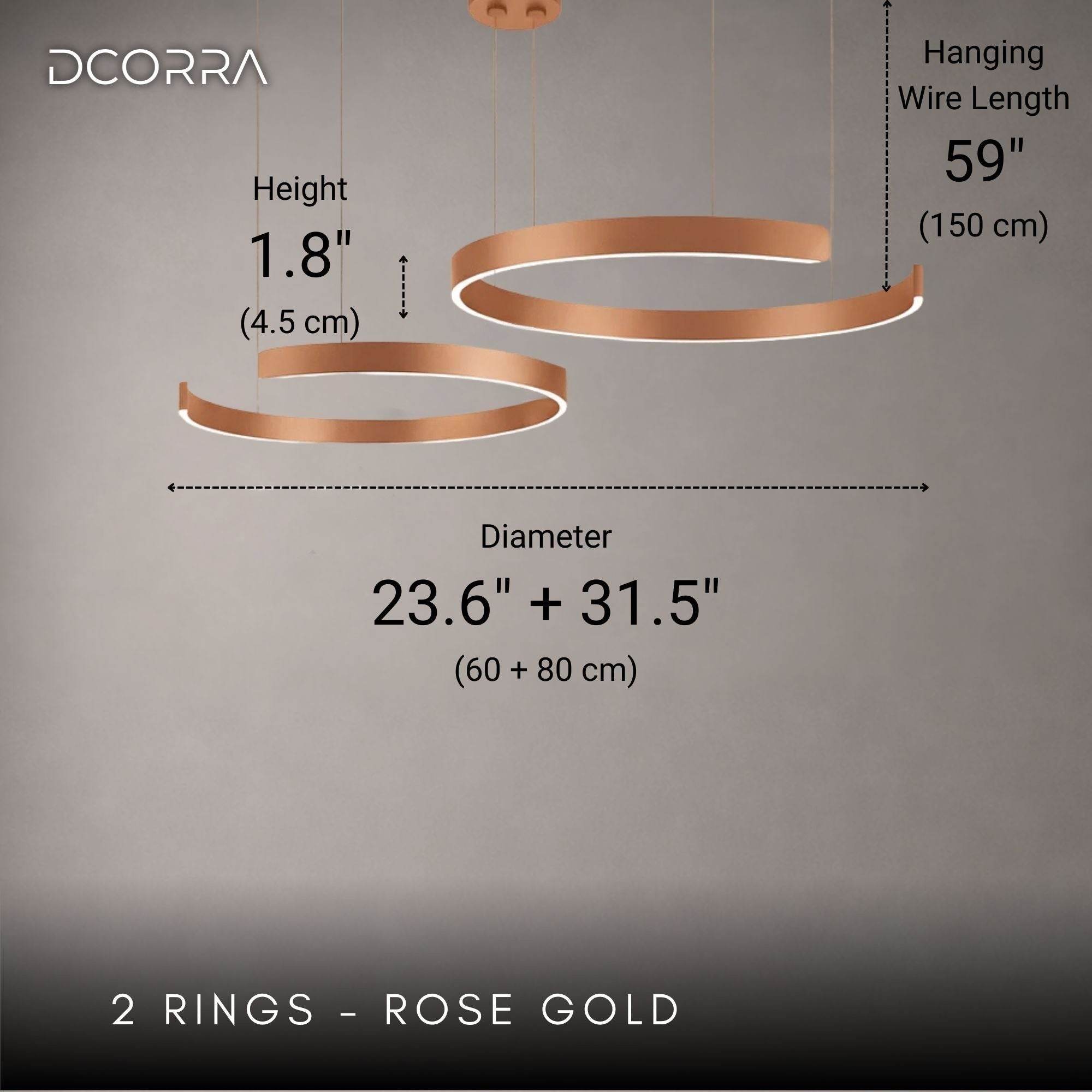 Floating LED Ring Chandelier - 1 to 3 Rings - 2 Rings: D23.6"(60cm) + D31.5"(80cm) / 84W / Rose Gold