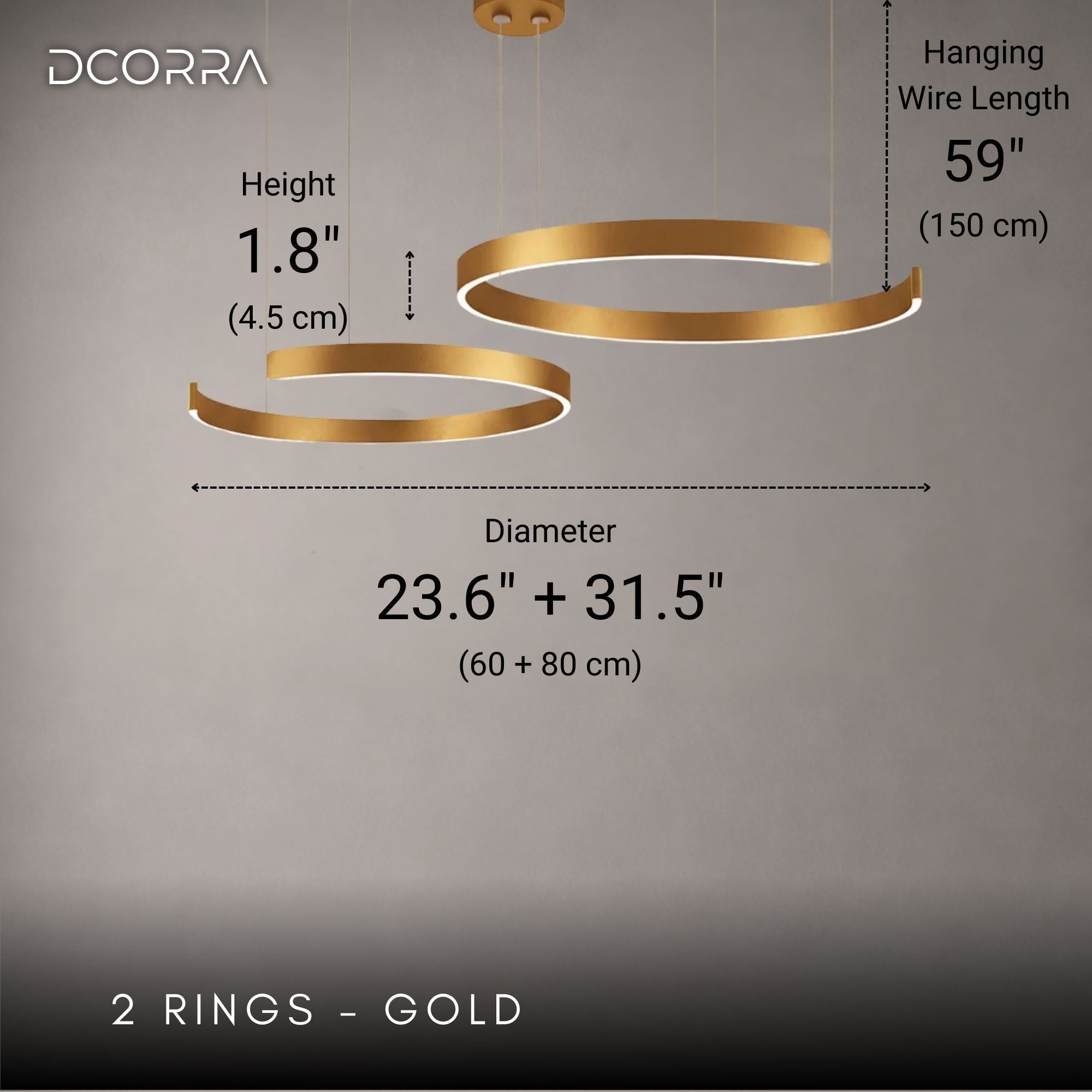 Floating LED Ring Chandelier - 1 to 3 Rings - 2 Rings: D23.6"(60cm) + D31.5"(80cm) / 84W / Gold