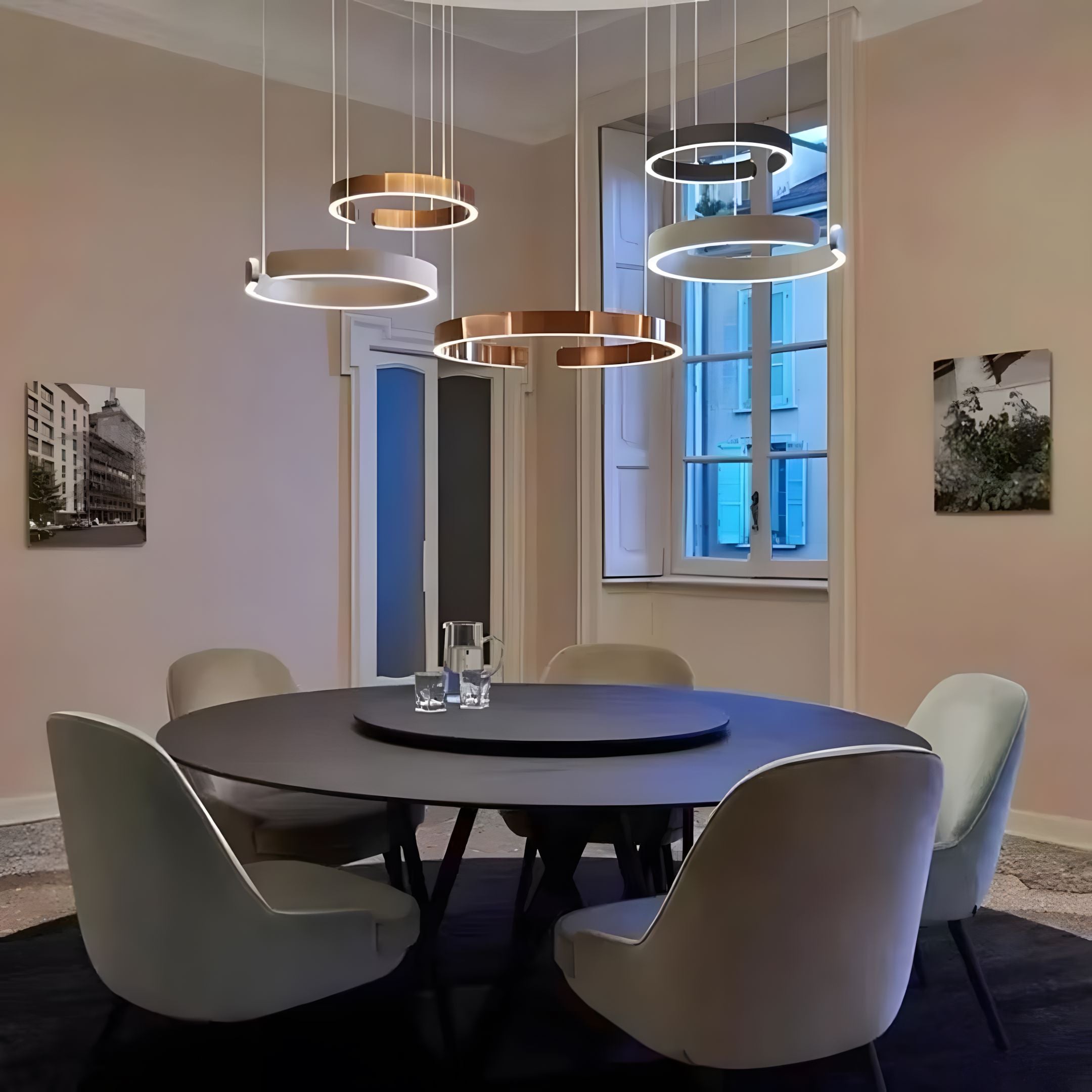 Floating LED Ring Chandelier above a dining table