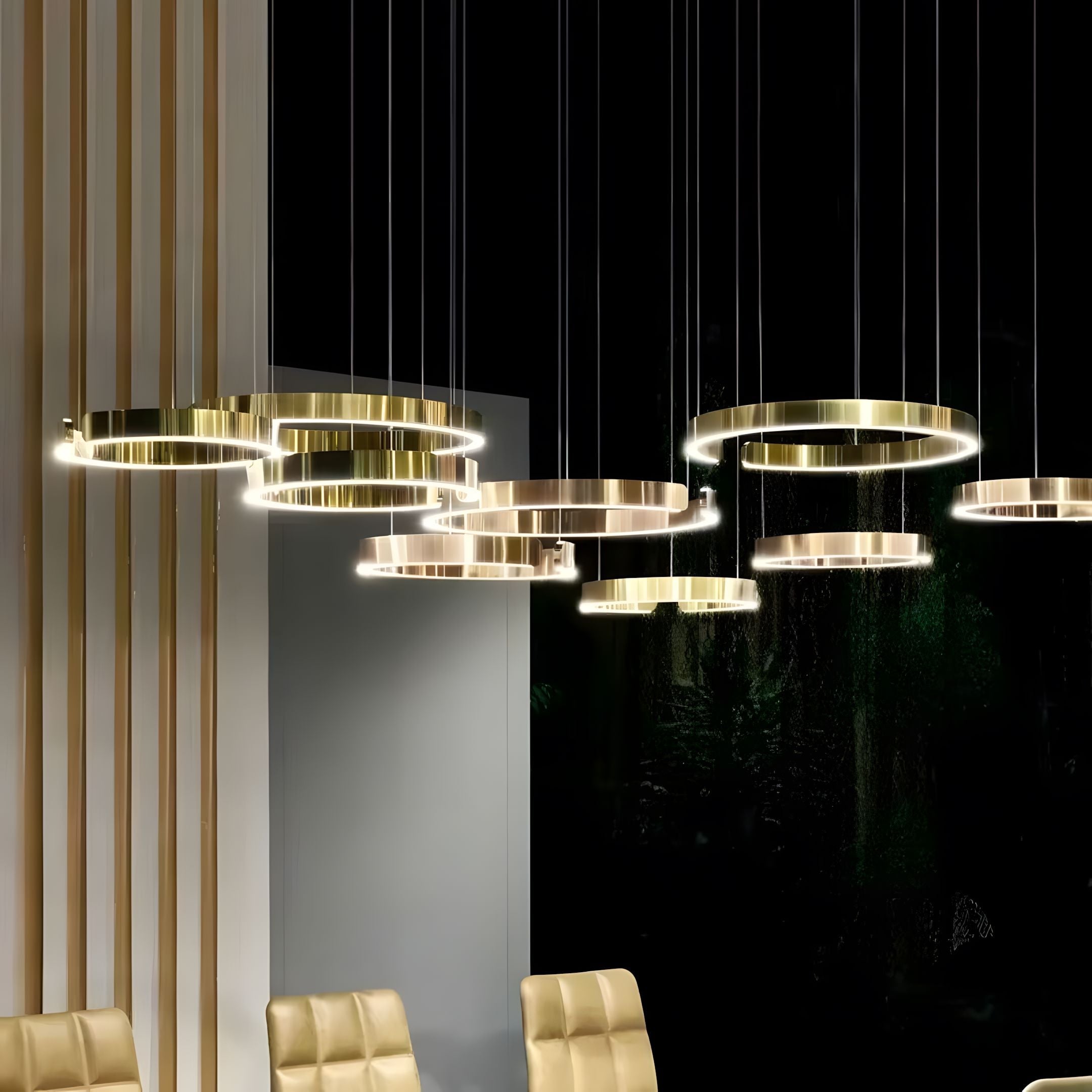 Floating LED Ring Chandelier above a dining table