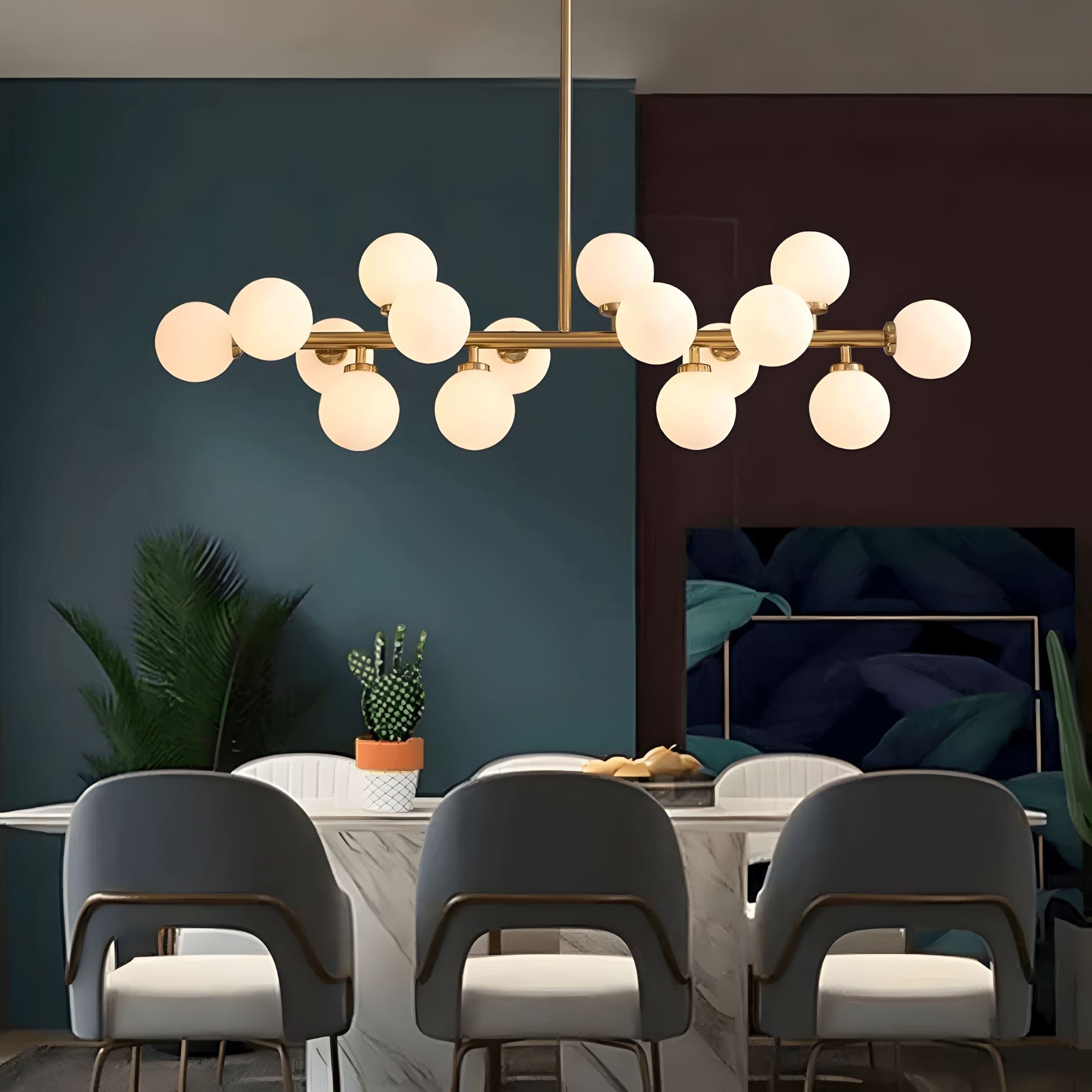 Frosted Glass Globe 16-Light Linear Flush Chandelier above a dining table