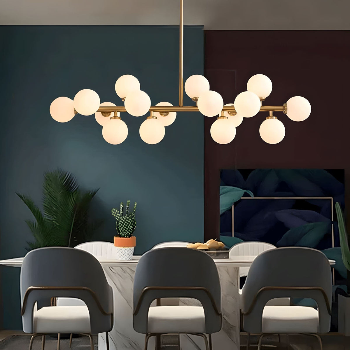 Frosted Glass Globe 16-Light Linear Flush Chandelier above a dining table