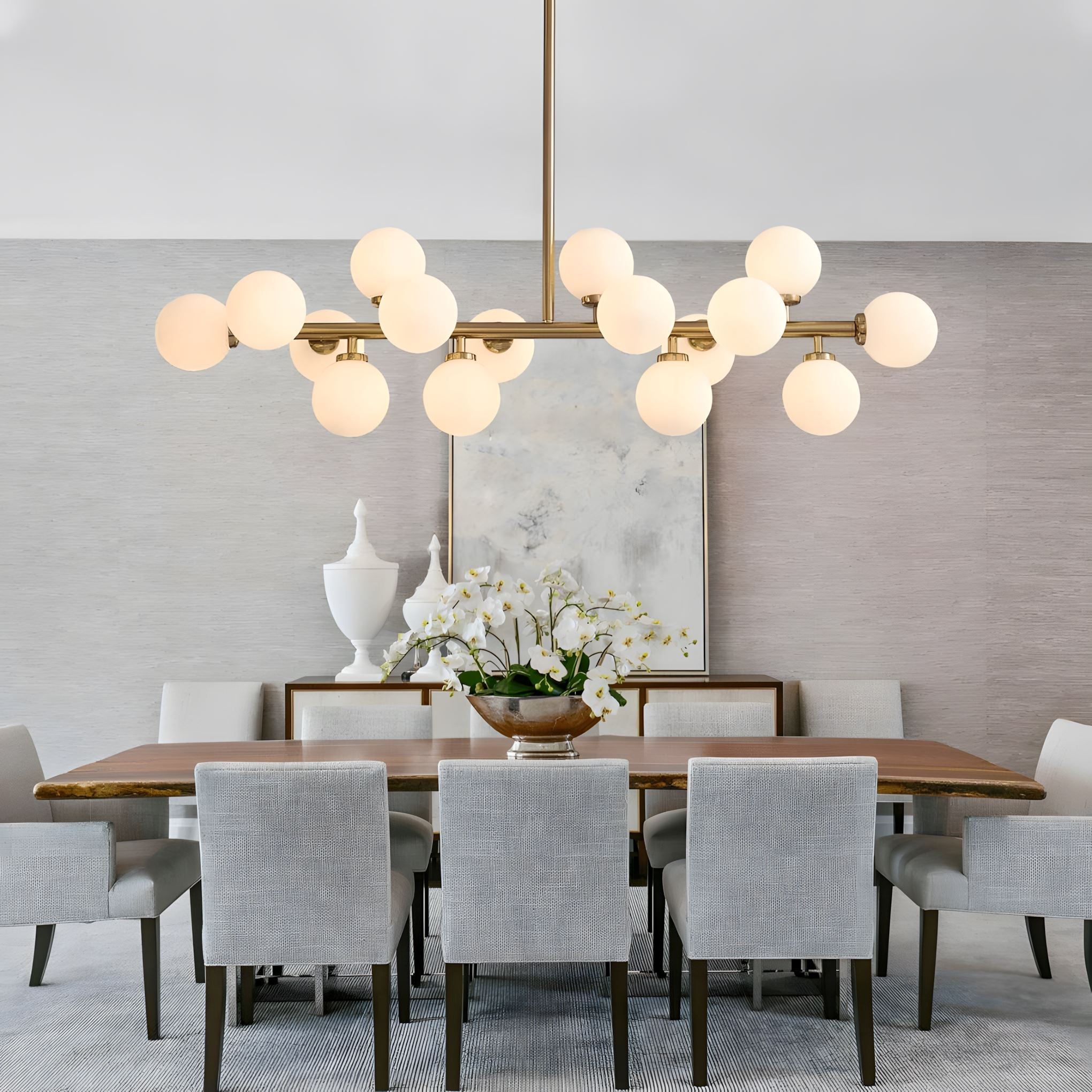 Frosted Glass Globe 16-Light Linear Flush Chandelier above a dining table