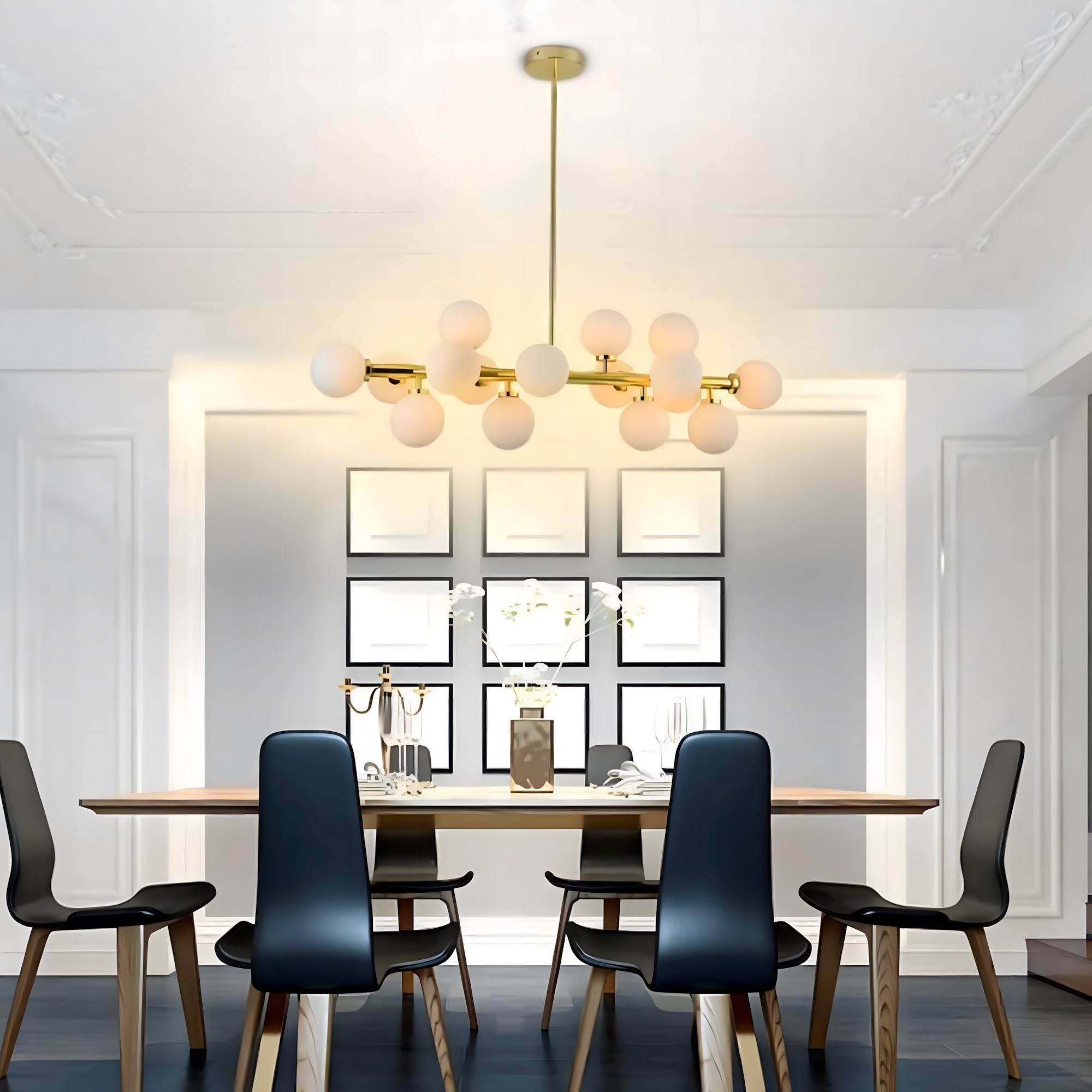Frosted Glass Globe 16-Light Linear Flush Chandelier above a dining table
