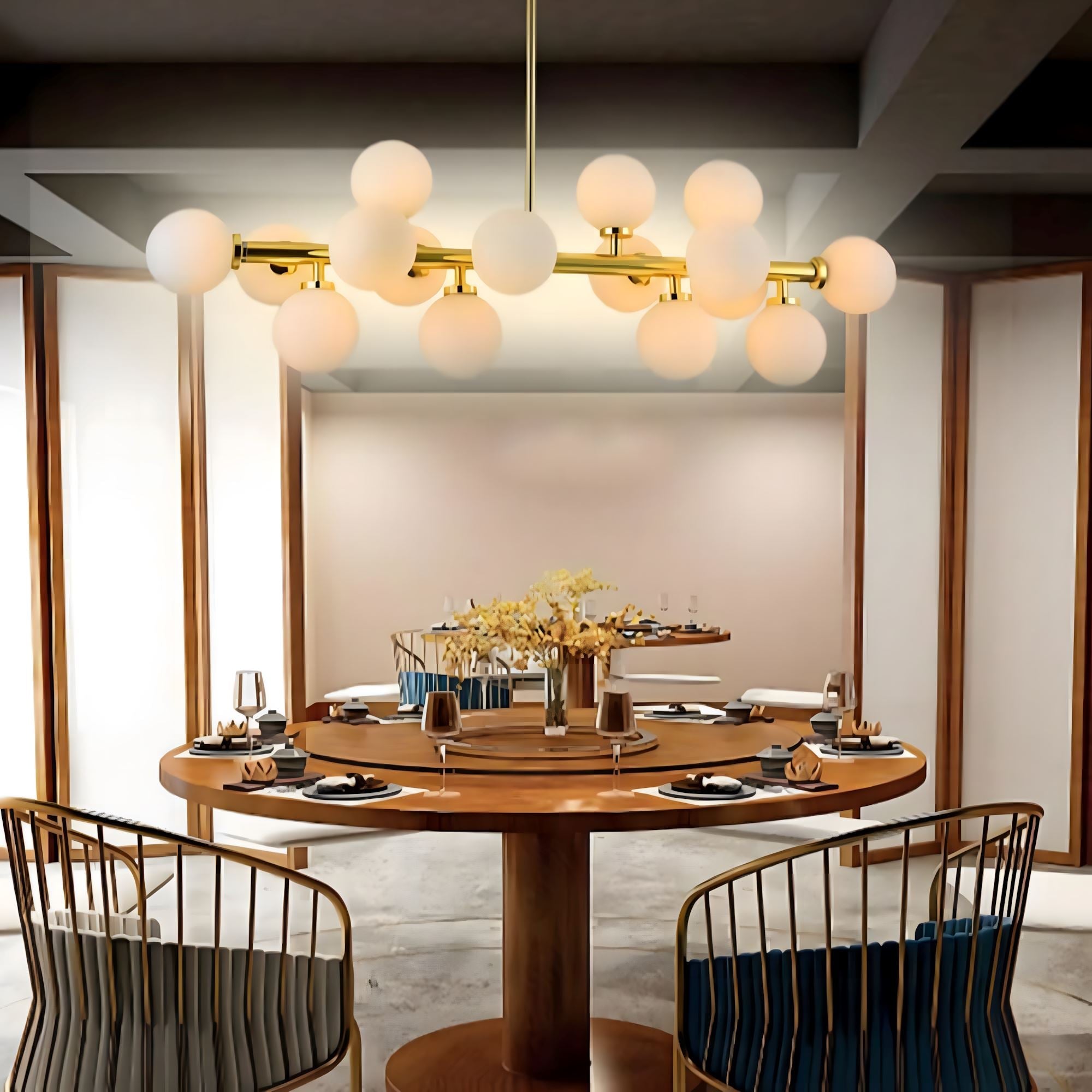 Frosted Glass Globe 16-Light Linear Flush Chandelier above a dining table
