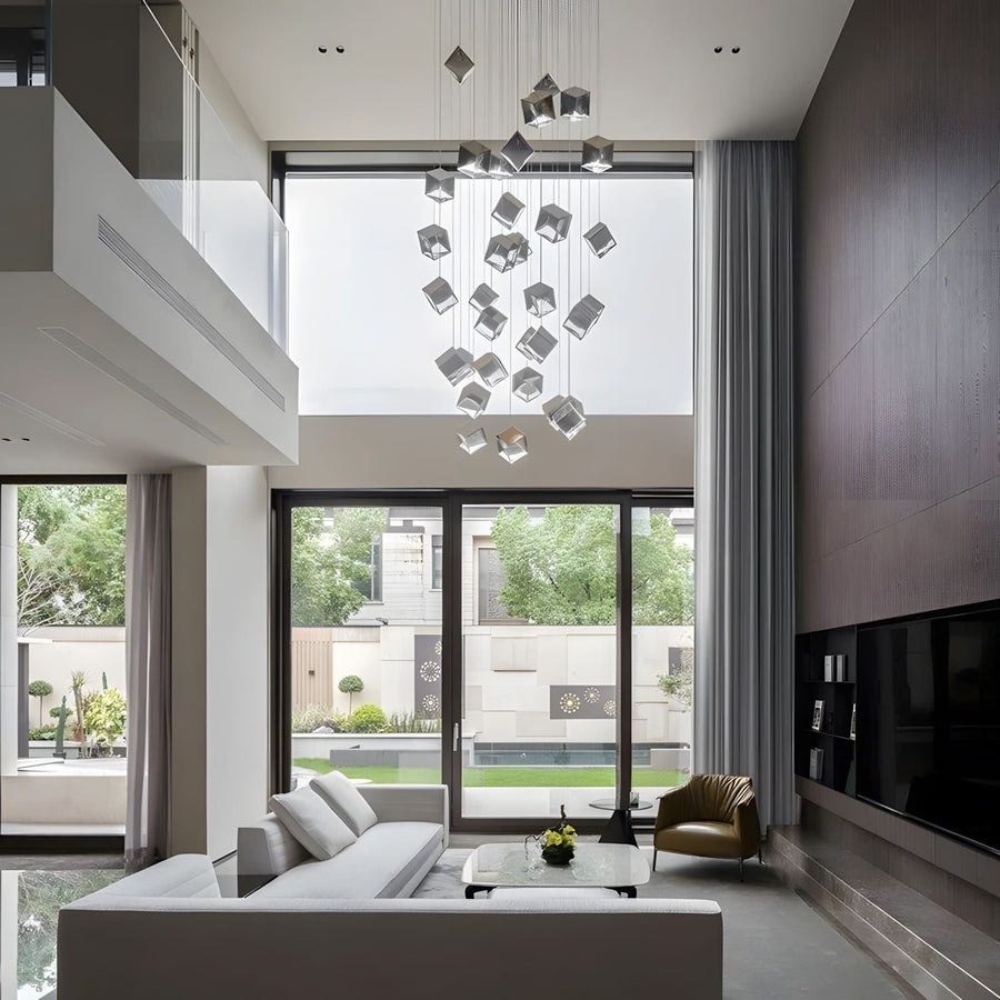 Glass Cube Cascade Chandelier in a living room