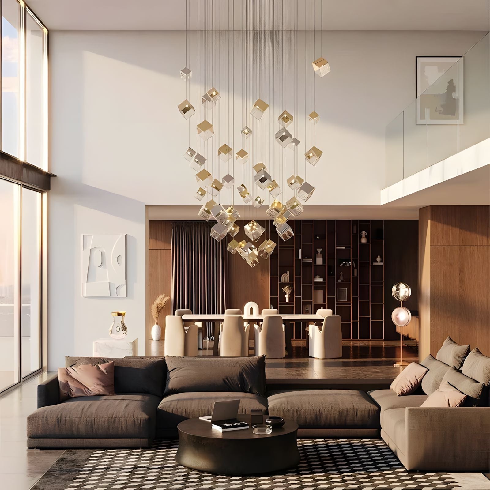 Glass Cube Cascade Chandelier in a living room