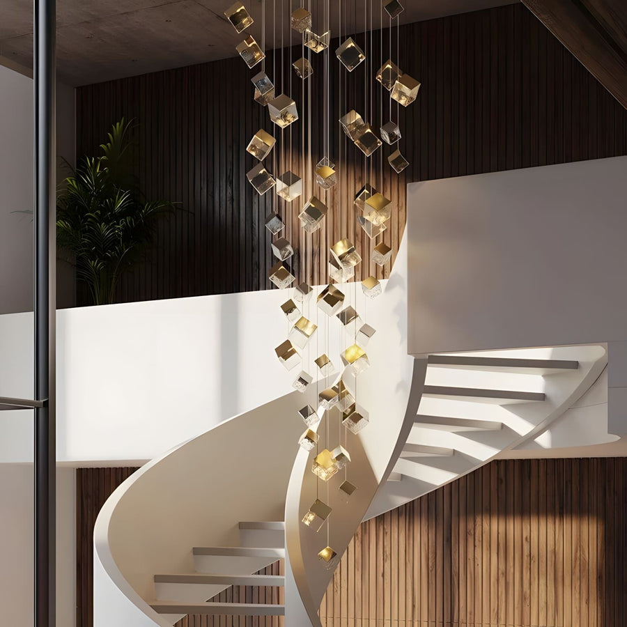 Glass Cube Cascade Chandelier above a staircase