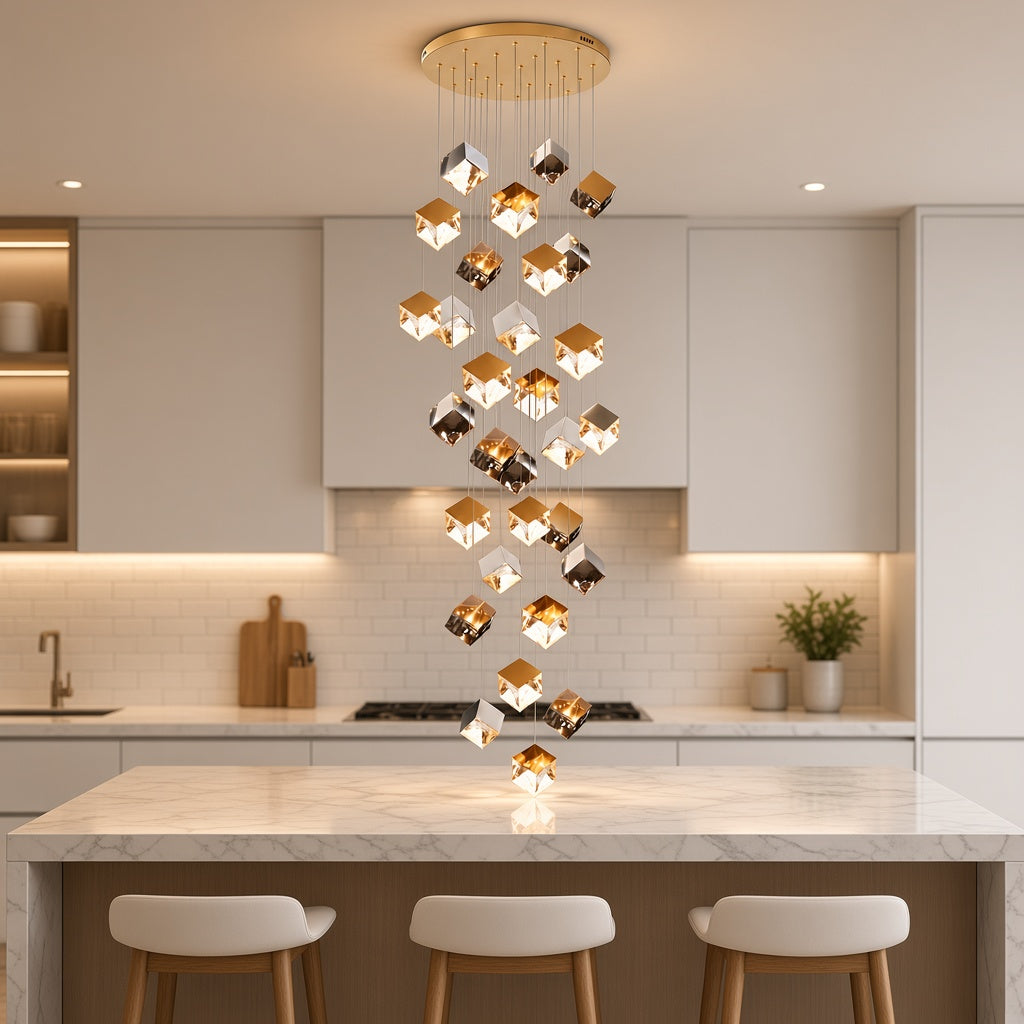 Glass Cube Cascade Chandelier over a kitchen island
