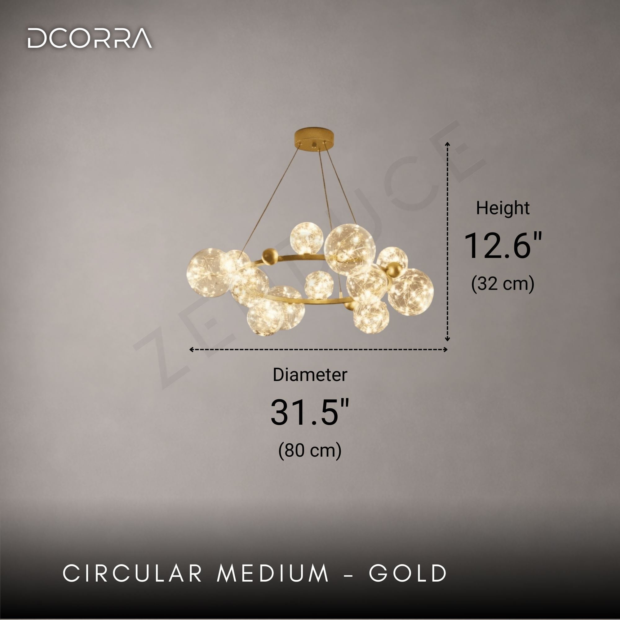 Glass Orb Ring LED Chandelier - Circular Medium - Gold: D31.5" (80cm) x H12.6" (32cm) / 96W