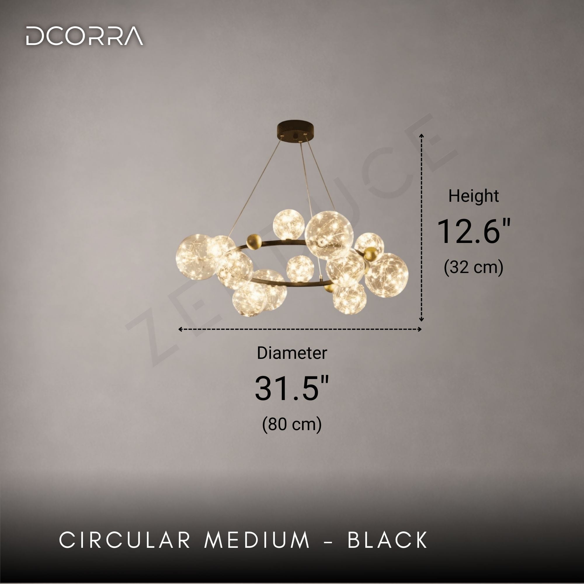 Glass Orb Ring LED Chandelier - Circular Medium - Black: D31.5" (80cm) x H12.6" (32cm) / 96W