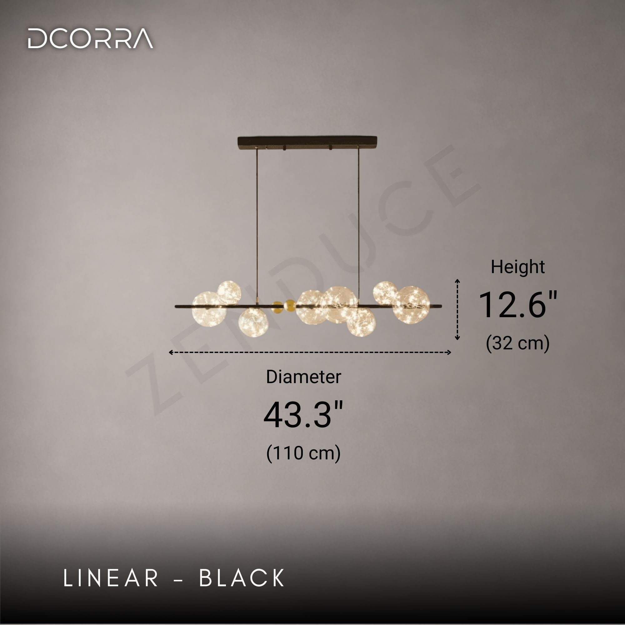Glass Orb Ring LED Chandelier - Linear - Black: L43.3" (110cm) x H12.6" (32cm) / 66W
