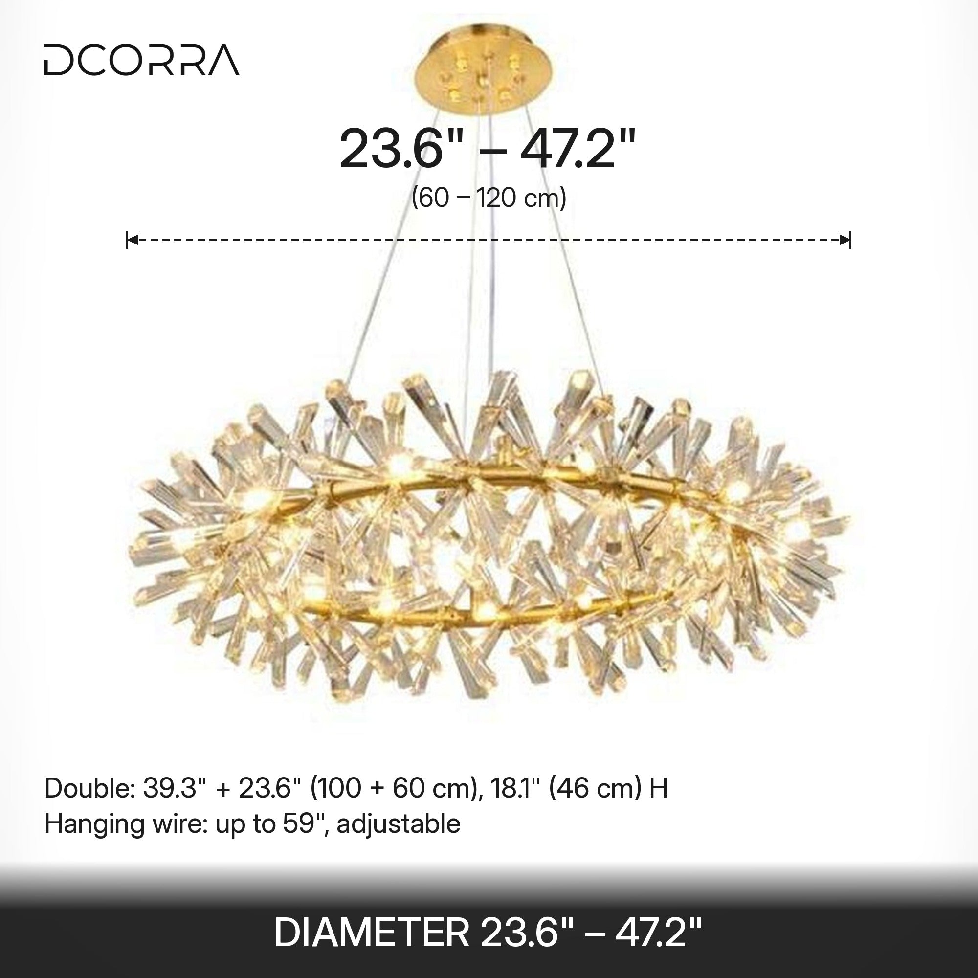 Gold Crystal Ring Chandelier - Single or Double Layer - dimensions