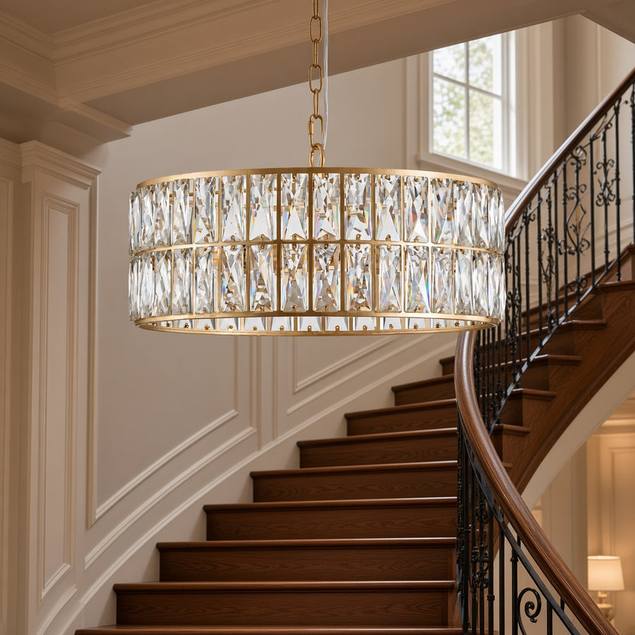 Gold Drum K9 Crystal Chandelier - Chain or Semi-Flush