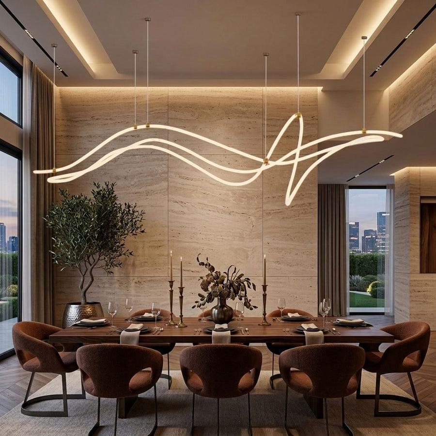 Gold Geometric Line LED Chandelier above a dining table