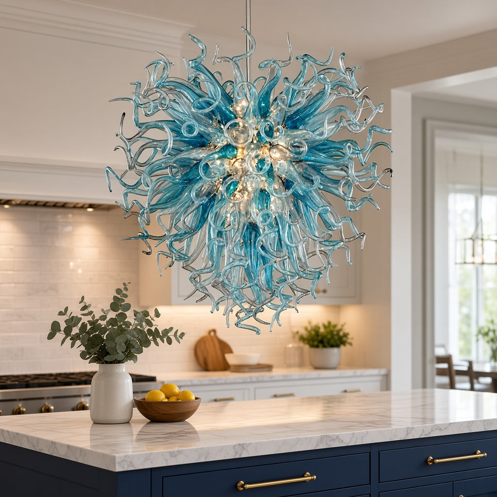 Hand-Blown Blue Glass Chandelier