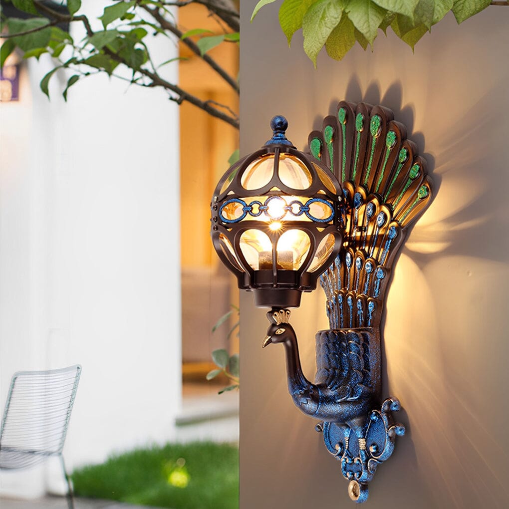 Hand-Painted Peacock Outdoor Wall Lantern - Colorful