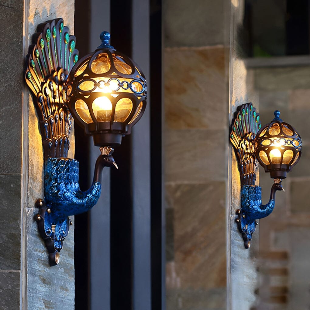 Hand-Painted Peacock Outdoor Wall Lantern - Colorful