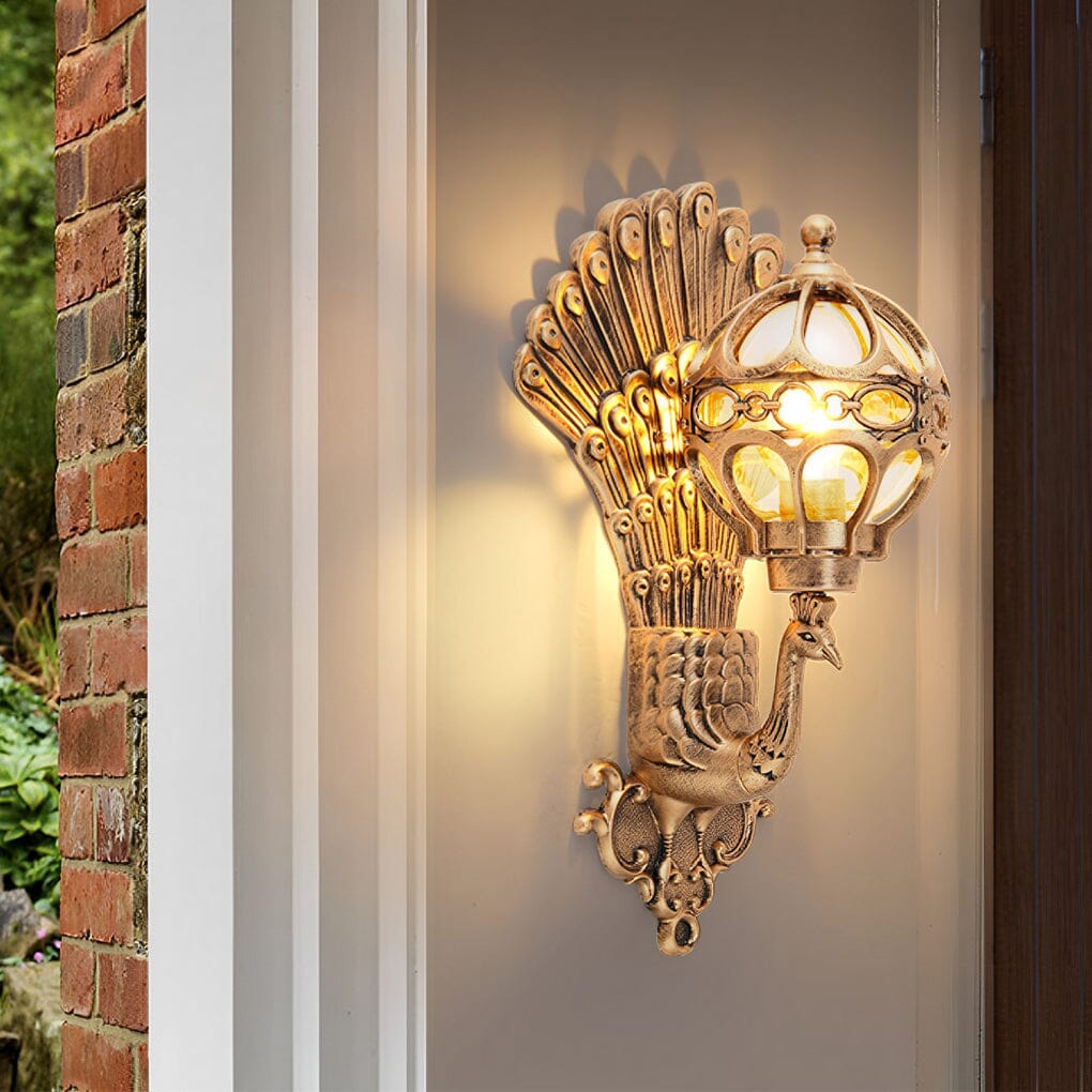 Hand-Painted Peacock Outdoor Wall Lantern - Bronze