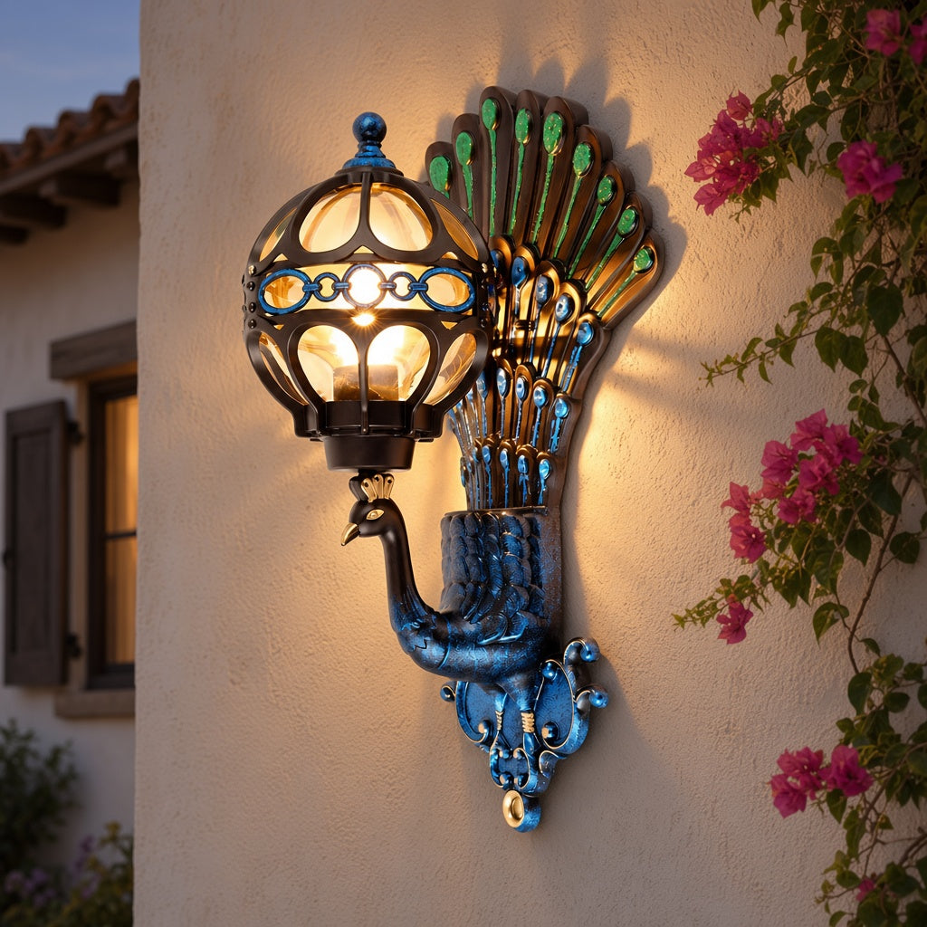 Hand-Painted Peacock Outdoor Wall Lantern