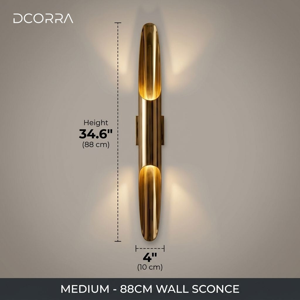 Brass Cylinder Wall Sconce Pair in antique patina, 34.6" / 88cm on an exterior wall