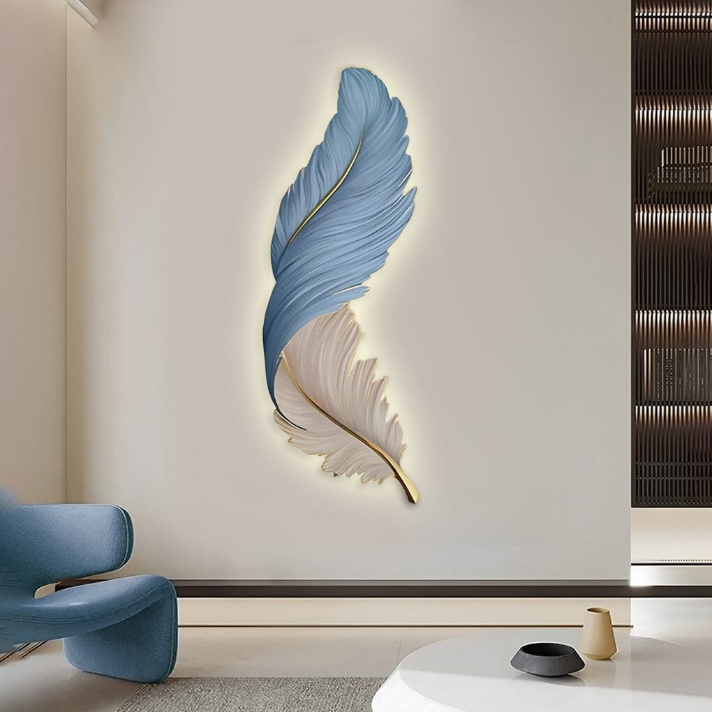 Illuminated Feather Wall Art Light - Blue / Vertical