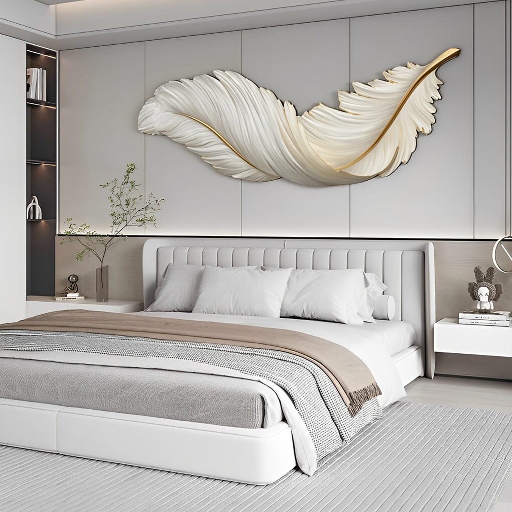 Illuminated Feather Wall Art Light - White / Horizontal