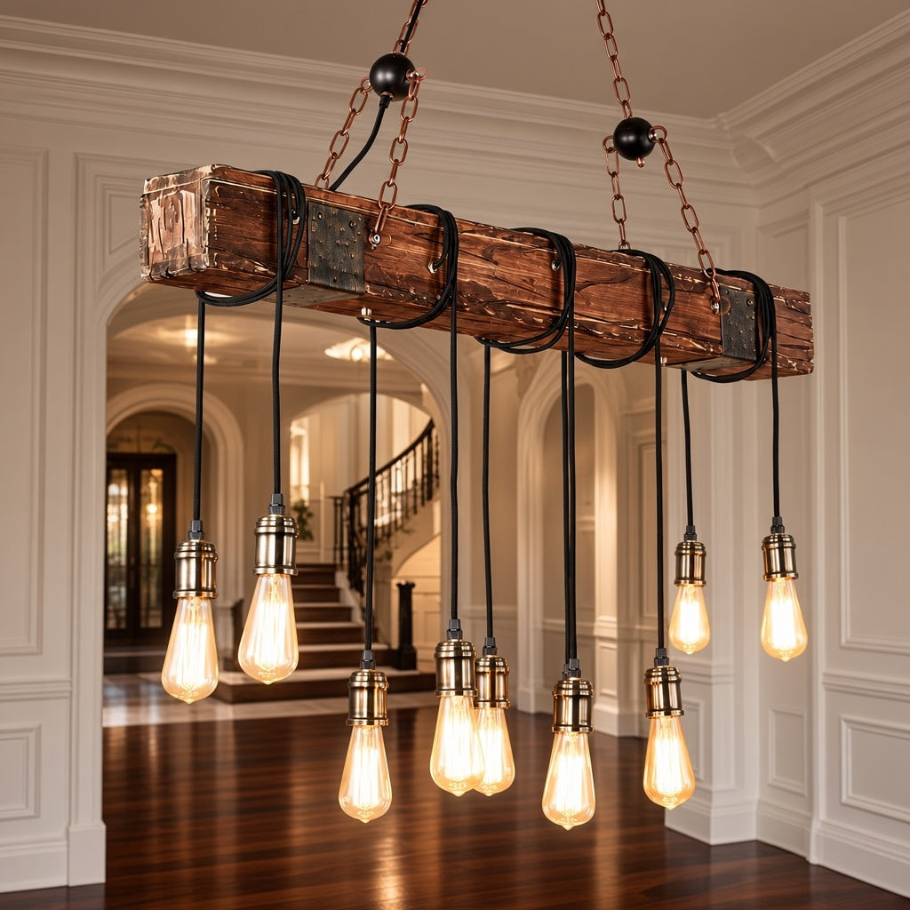 Industrial Wood Beam 10-Light Chandelier