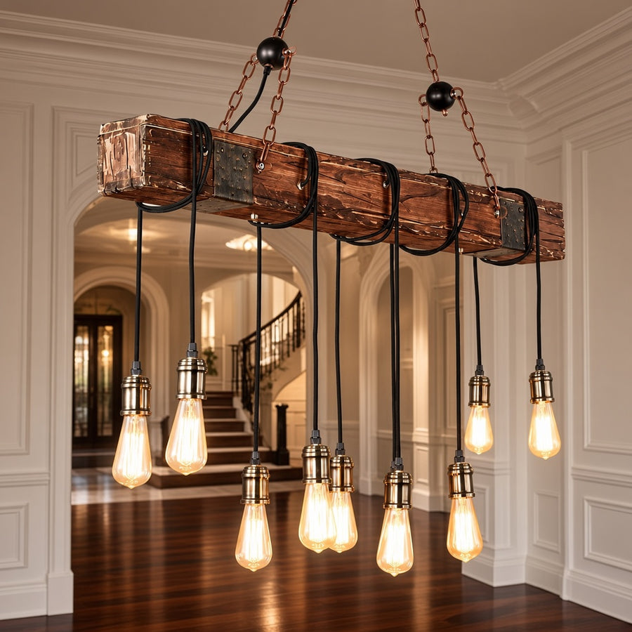 Industrial Wood Beam 10-Light Chandelier