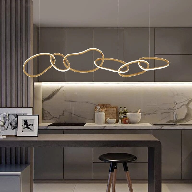 Interlinked Rings LED Linear Chandelier over a kitchen island