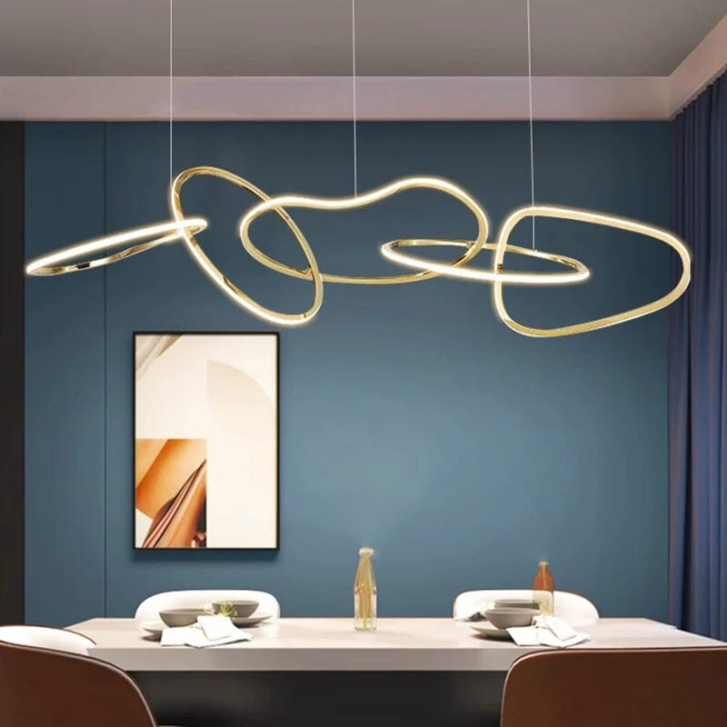 Interlinked Rings LED Linear Chandelier above a dining table