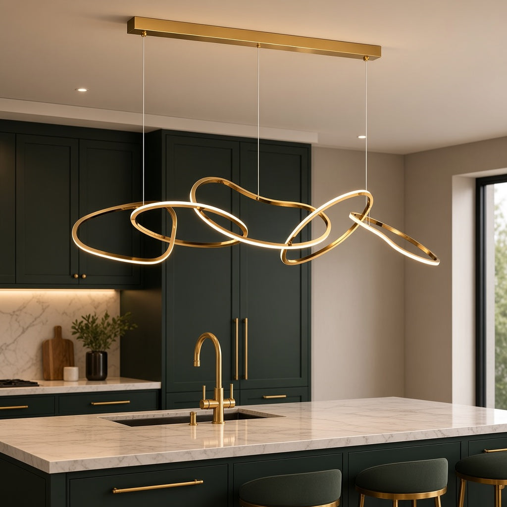 Interlinked Rings LED Linear Chandelier over a kitchen island