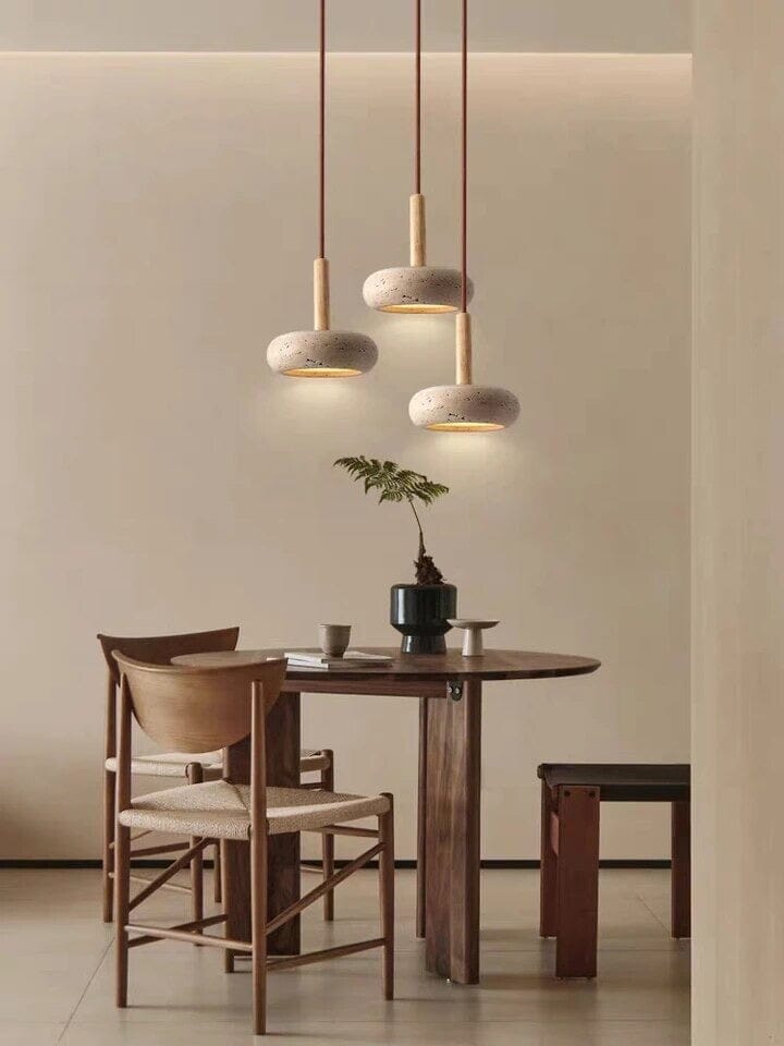 Japanese Stone and Wood Pendant Light above a dining table