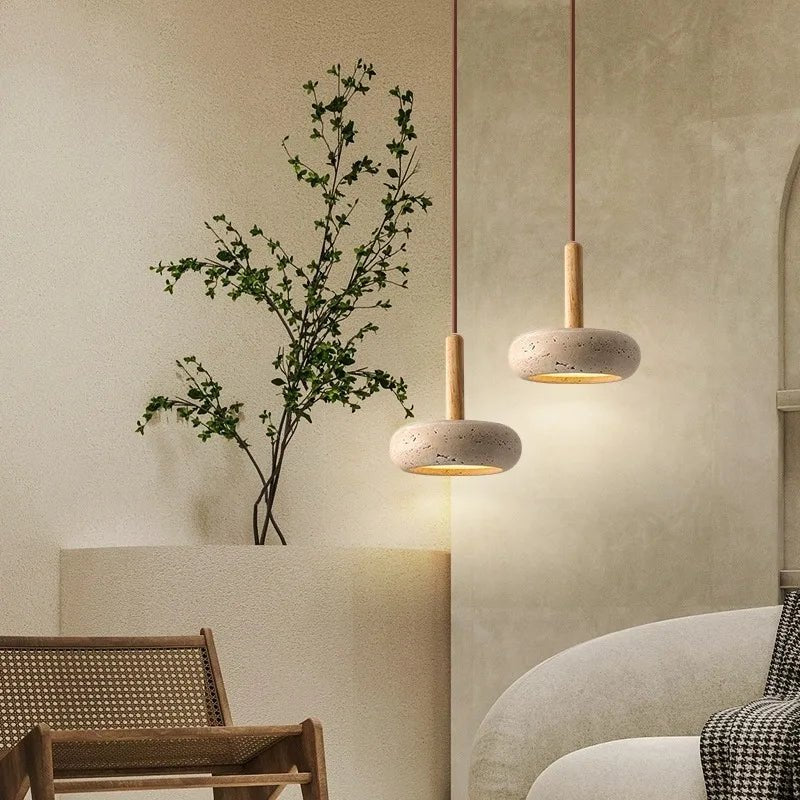 Japanese Stone and Wood Pendant Light